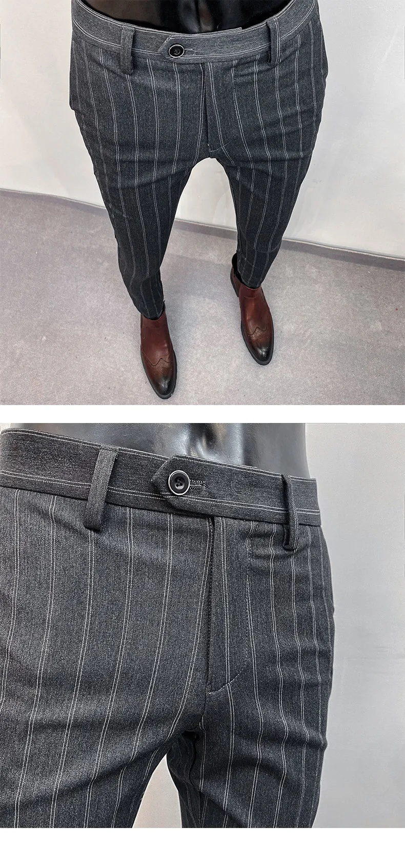 Jinquedai Suit Trousers for Men New High-quality Stripes Slim Dress Suit Pants Fashion Casual Mens Clothing Formal Full Length Pants