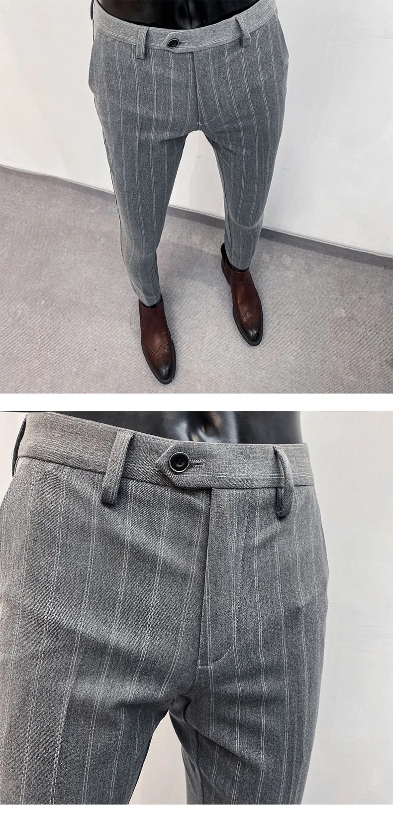 Jinquedai Suit Trousers for Men New High-quality Stripes Slim Dress Suit Pants Fashion Casual Mens Clothing Formal Full Length Pants