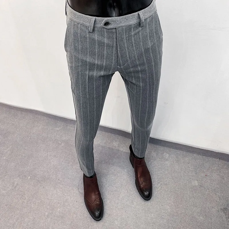 Jinquedai Suit Trousers for Men New High-quality Stripes Slim Dress Suit Pants Fashion Casual Mens Clothing Formal Full Length Pants