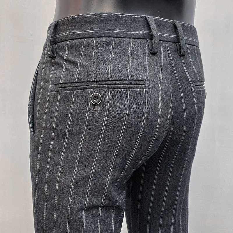 Jinquedai Suit Trousers for Men New High-quality Stripes Slim Dress Suit Pants Fashion Casual Mens Clothing Formal Full Length Pants