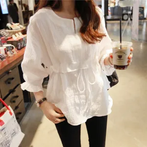 Korean Women Three-Quarter Length Sleeves Cotton Blend Shirt Round-Neck Lace Ruffle Collar Blouse