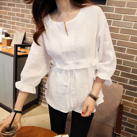 Korean Women Three-Quarter Length Sleeves Cotton Blend Shirt Round-Neck Lace Ruffle Collar Blouse