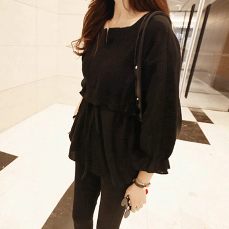 Korean Women Three-Quarter Length Sleeves Cotton Blend Shirt Round-Neck Lace Ruffle Collar Blouse