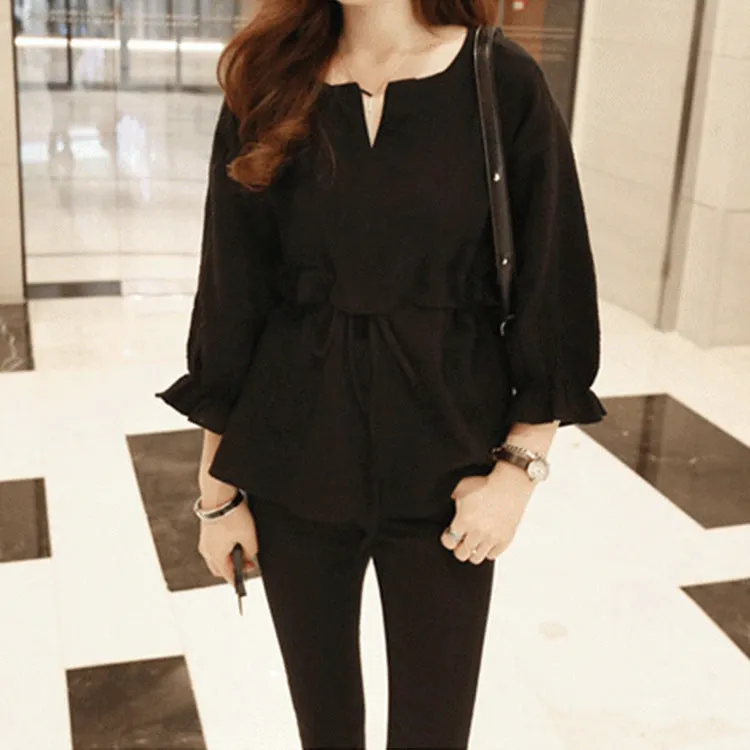 Korean Women Three-Quarter Length Sleeves Cotton Blend Shirt Round-Neck Lace Ruffle Collar Blouse