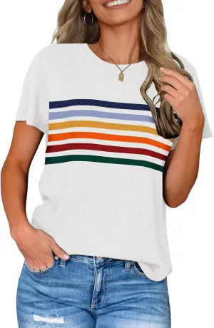 LEANI Women’s Short Sleeve T Shirts Crewneck Striped Color Block Tunic Tops Loose Casual Summer Tee