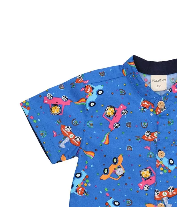 Mandarin Collar Shirt - Animals In Cars (Blue)