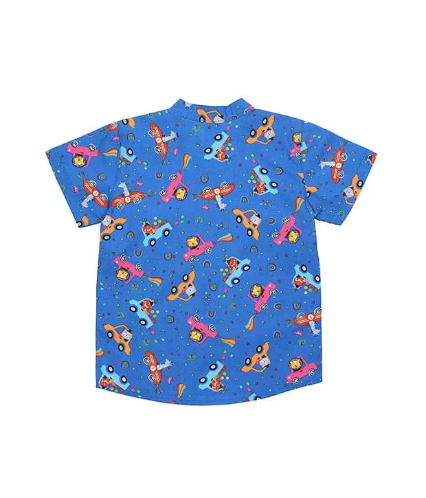 Mandarin Collar Shirt - Animals In Cars (Blue)