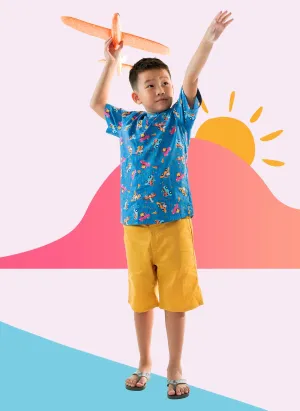 Mandarin Collar Shirt - Animals In Cars (Blue)