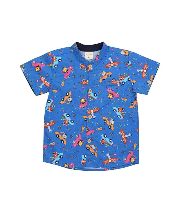 Mandarin Collar Shirt - Animals In Cars (Blue)