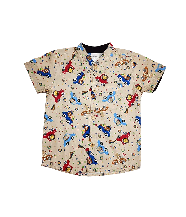 Mandarin Collar Shirt - Animals In Cars (Khaki)