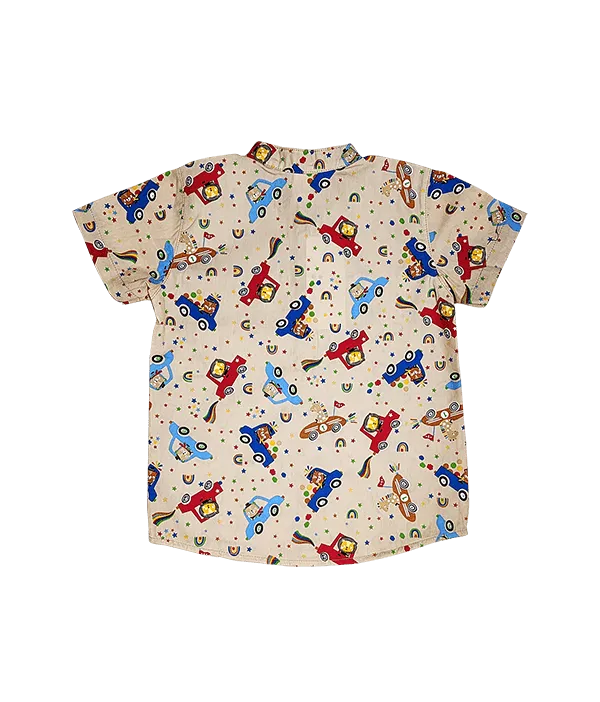 Mandarin Collar Shirt - Animals In Cars (Khaki)