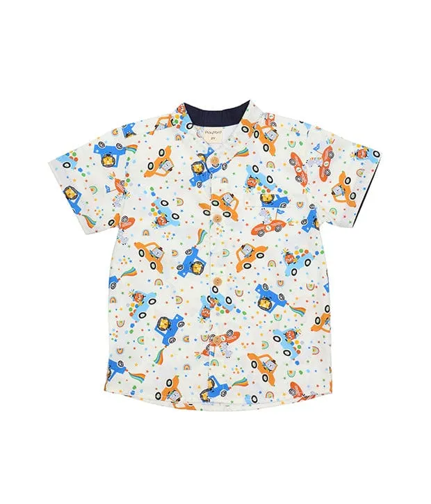 Mandarin Collar Shirt - Animals In Cars (White)