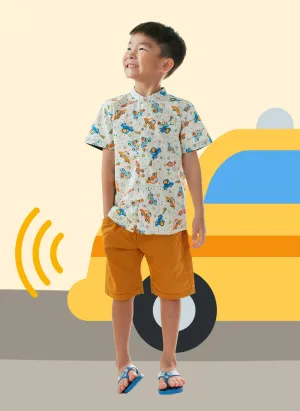 Mandarin Collar Shirt - Animals In Cars (White)