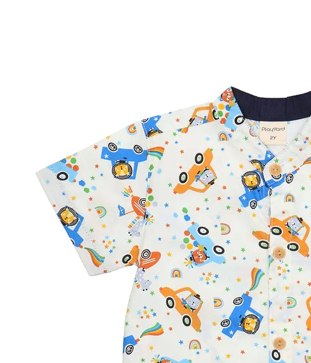 Mandarin Collar Shirt - Animals In Cars (White)