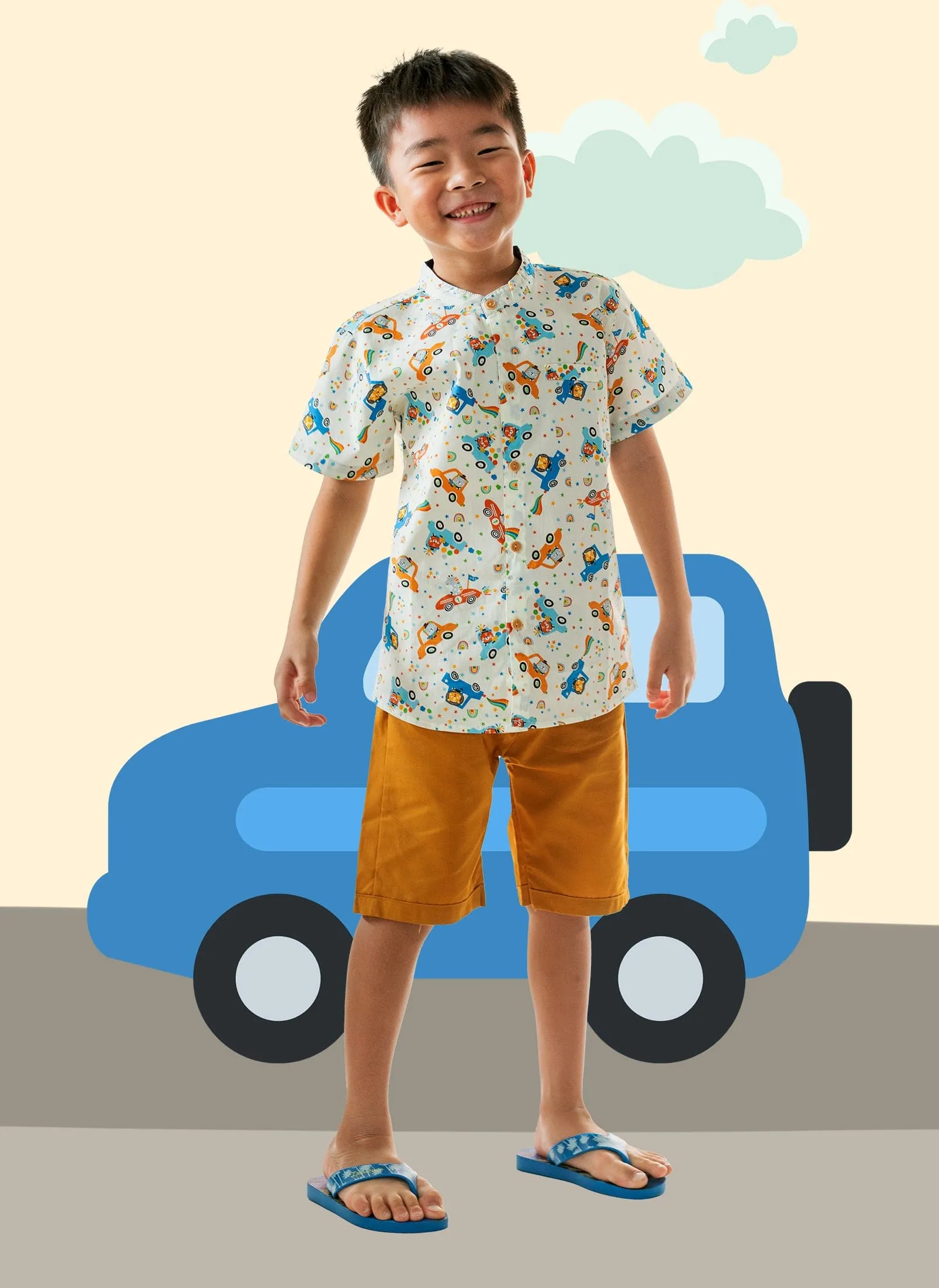 Mandarin Collar Shirt - Animals In Cars (White)