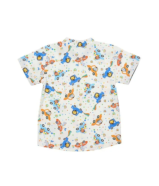 Mandarin Collar Shirt - Animals In Cars (White)