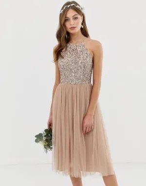 Maya high neck midi tulle dress with tonal delicate sequins
