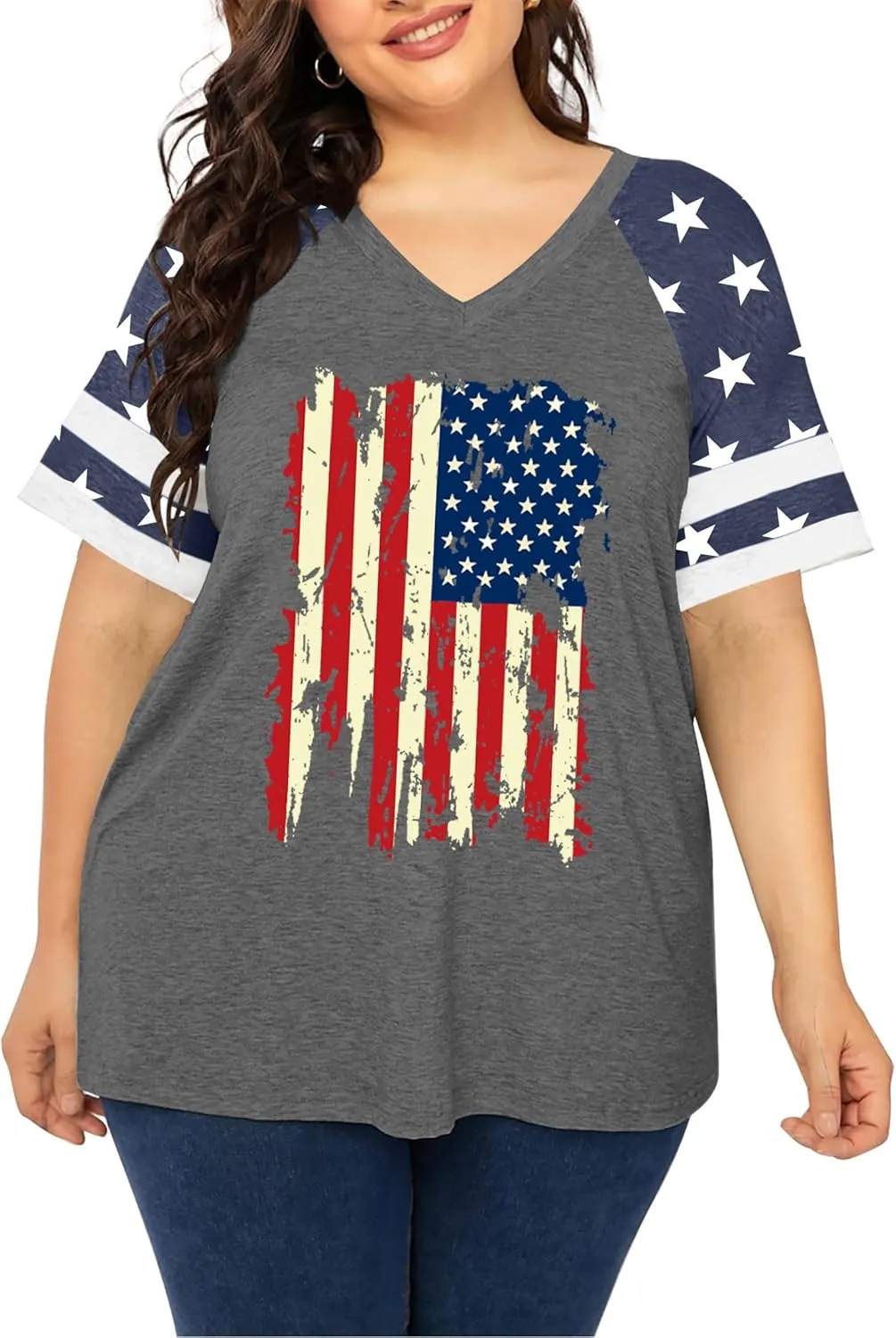 Plus Size Tops American Flag Shirts Womens V Neck Patriotic Tshirt USA Graphic Tee 4th of July T-Shirt