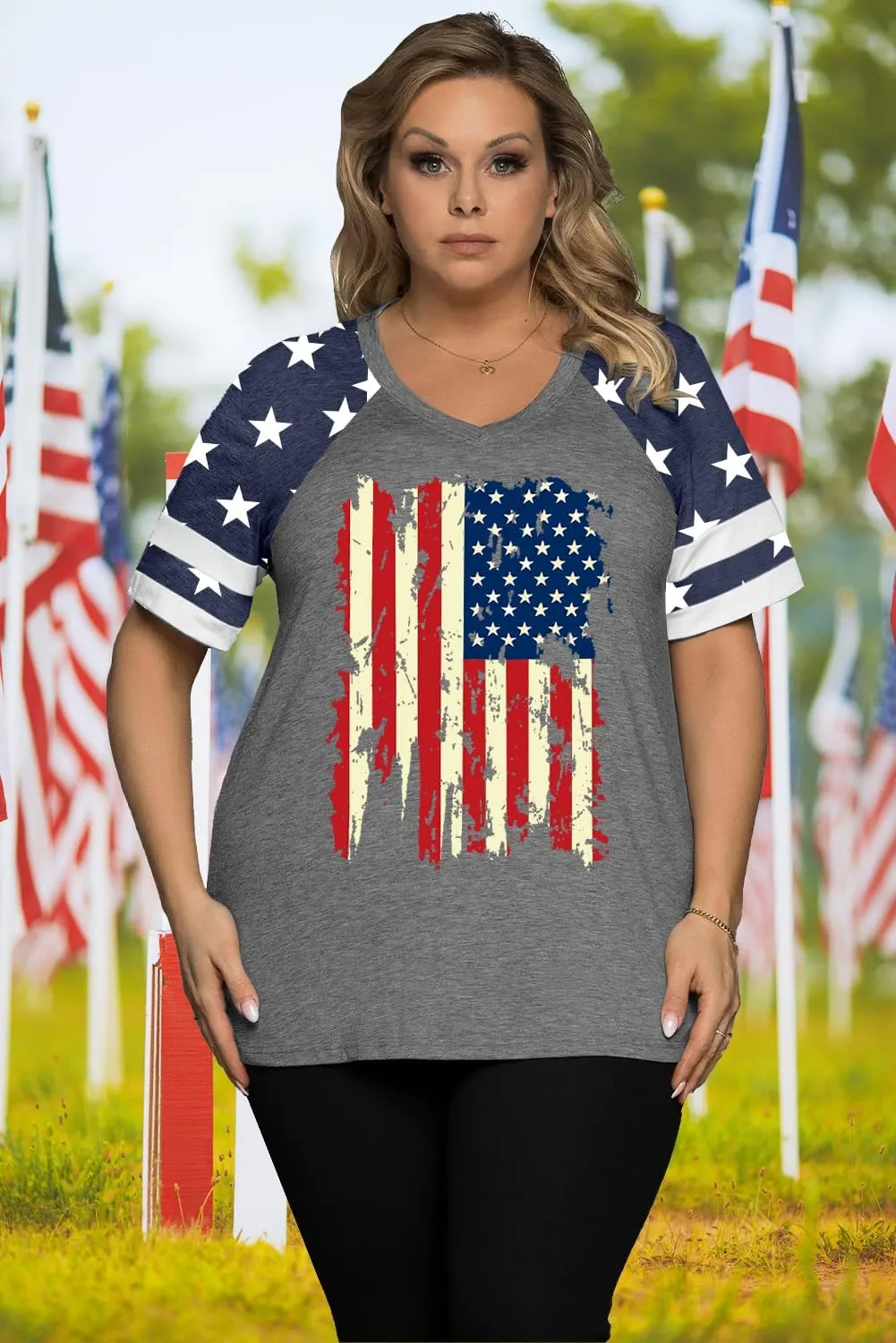 Plus Size Tops American Flag Shirts Womens V Neck Patriotic Tshirt USA Graphic Tee 4th of July T-Shirt