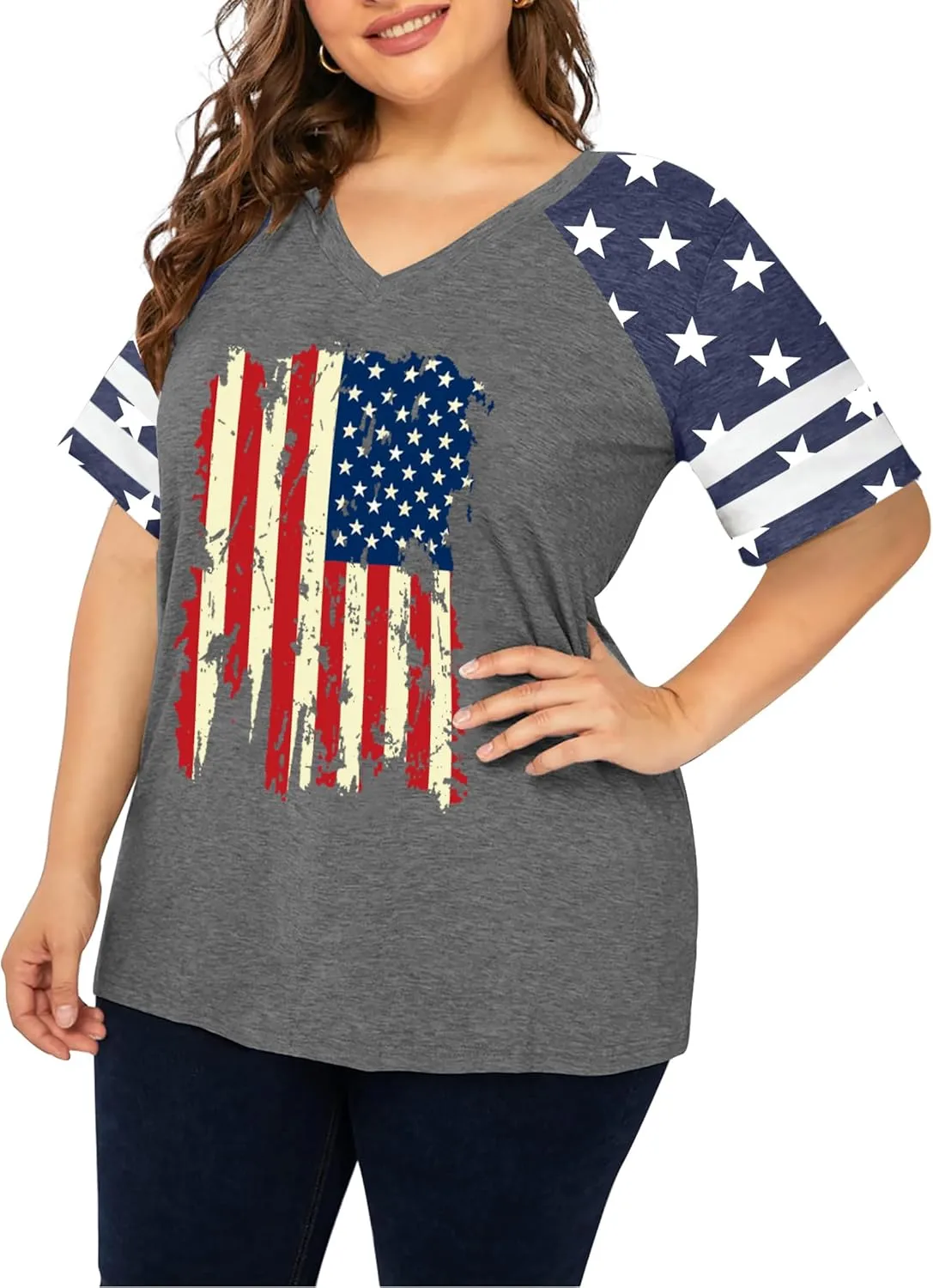 Plus Size Tops American Flag Shirts Womens V Neck Patriotic Tshirt USA Graphic Tee 4th of July T-Shirt