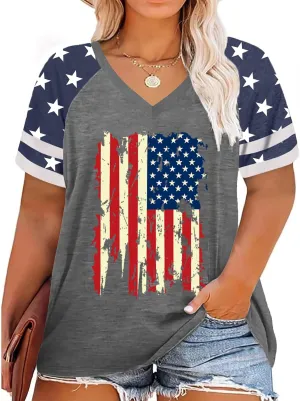 Plus Size Tops American Flag Shirts Womens V Neck Patriotic Tshirt USA Graphic Tee 4th of July T-Shirt
