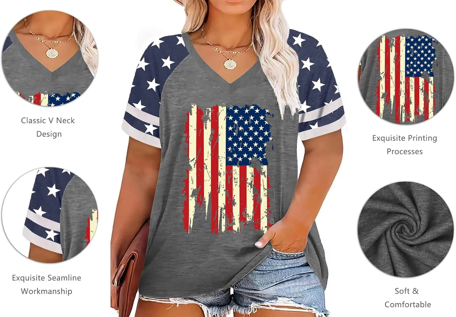 Plus Size Tops American Flag Shirts Womens V Neck Patriotic Tshirt USA Graphic Tee 4th of July T-Shirt