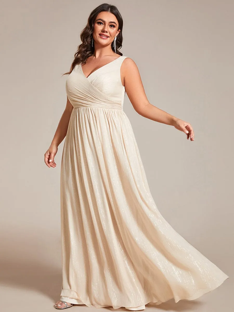 Plus Size V-Neck Sleeveless Evening Dresses with Delicate Glitter