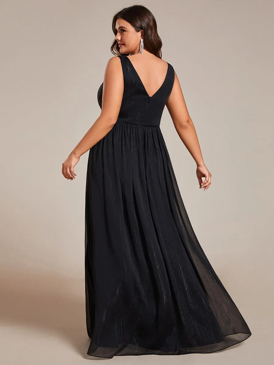 Plus Size V-Neck Sleeveless Evening Dresses with Delicate Glitter