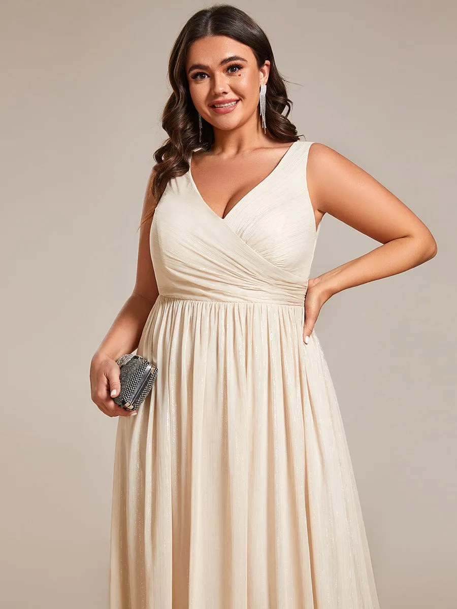 Plus Size V-Neck Sleeveless Evening Dresses with Delicate Glitter
