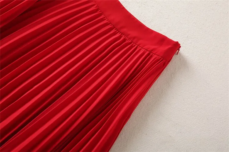 Red Knitted Tops Pleated Skirt Vintage Elegant Sets