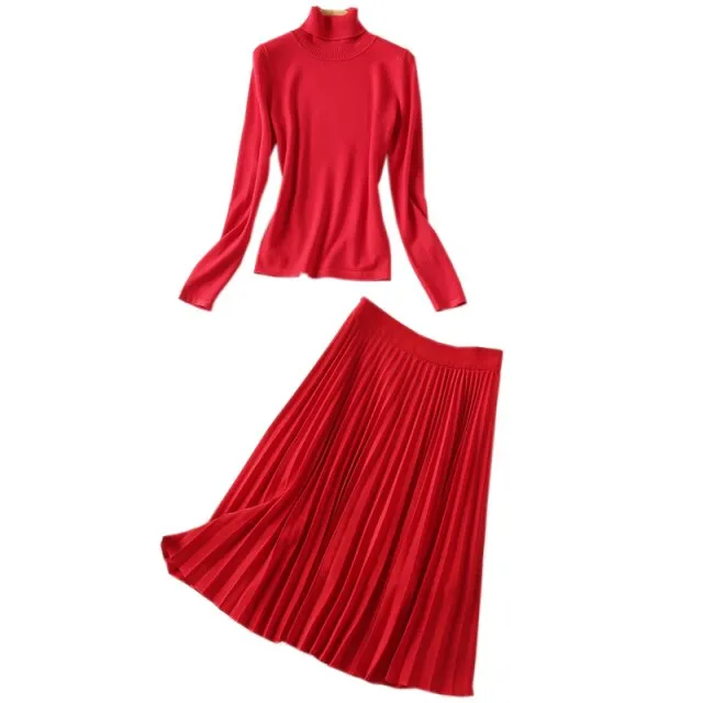 Red Knitted Tops Pleated Skirt Vintage Elegant Sets