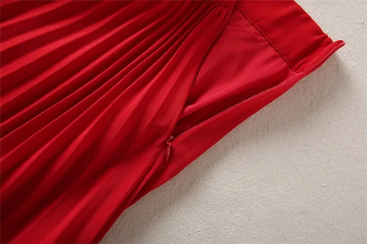 Red Knitted Tops Pleated Skirt Vintage Elegant Sets