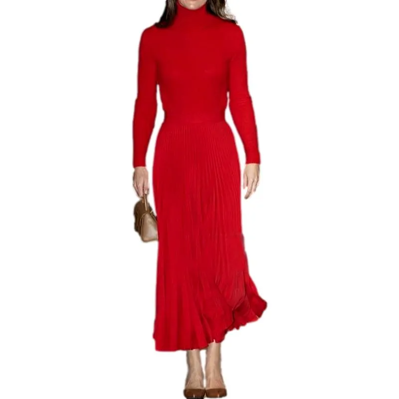 Red Knitted Tops Pleated Skirt Vintage Elegant Sets
