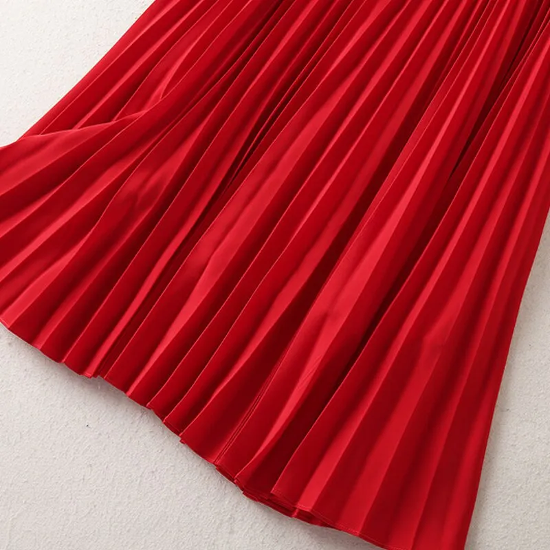 Red Knitted Tops Pleated Skirt Vintage Elegant Sets