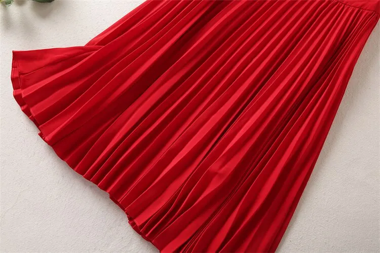 Red Knitted Tops Pleated Skirt Vintage Elegant Sets