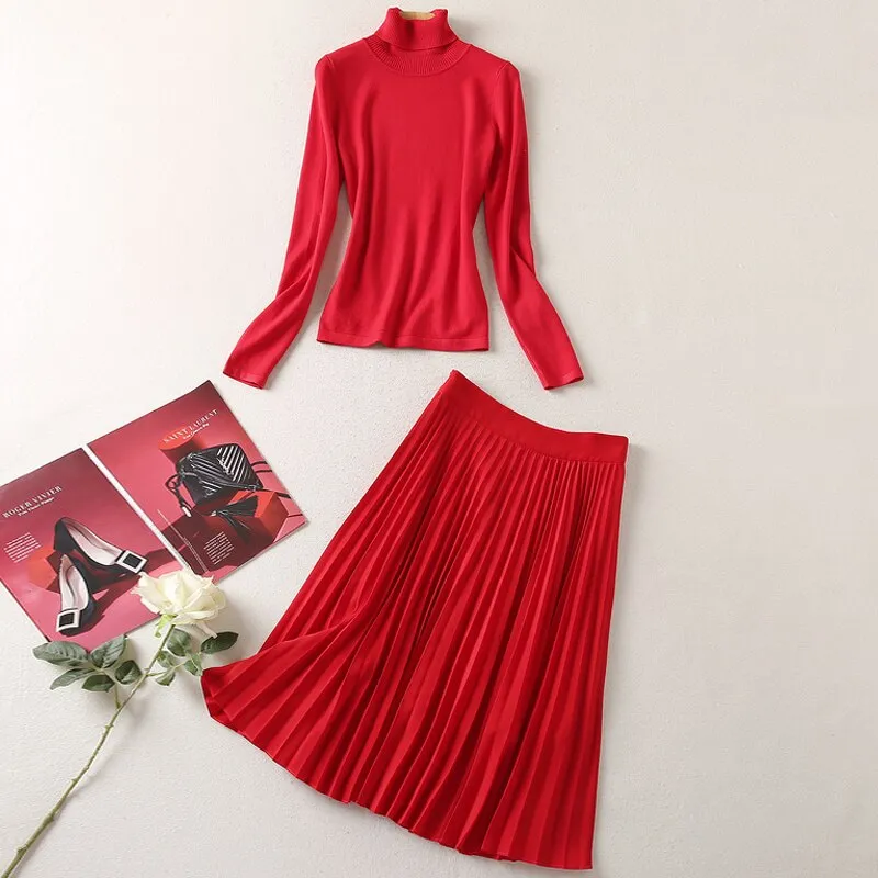 Red Knitted Tops Pleated Skirt Vintage Elegant Sets