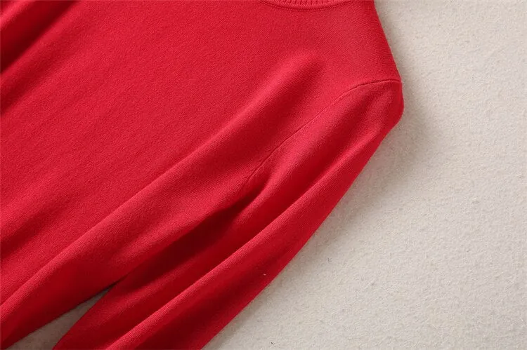 Red Knitted Tops Pleated Skirt Vintage Elegant Sets