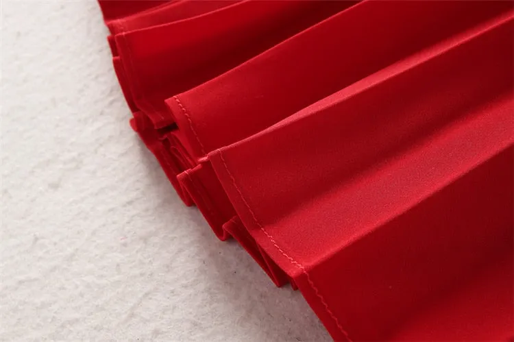 Red Knitted Tops Pleated Skirt Vintage Elegant Sets
