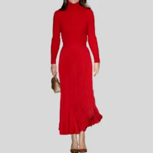 Red Knitted Tops Pleated Skirt Vintage Elegant Sets