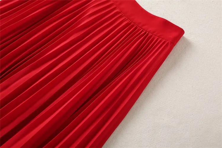 Red Knitted Tops Pleated Skirt Vintage Elegant Sets