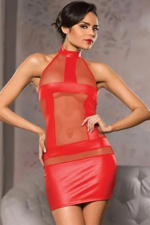 Red Mesh and Wet Look Halter Dress in L-XL