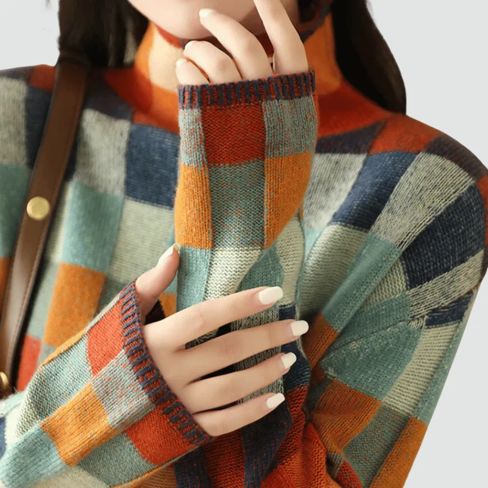 The Rosaline Loose Turtleneck Plaid Knitted Jumper