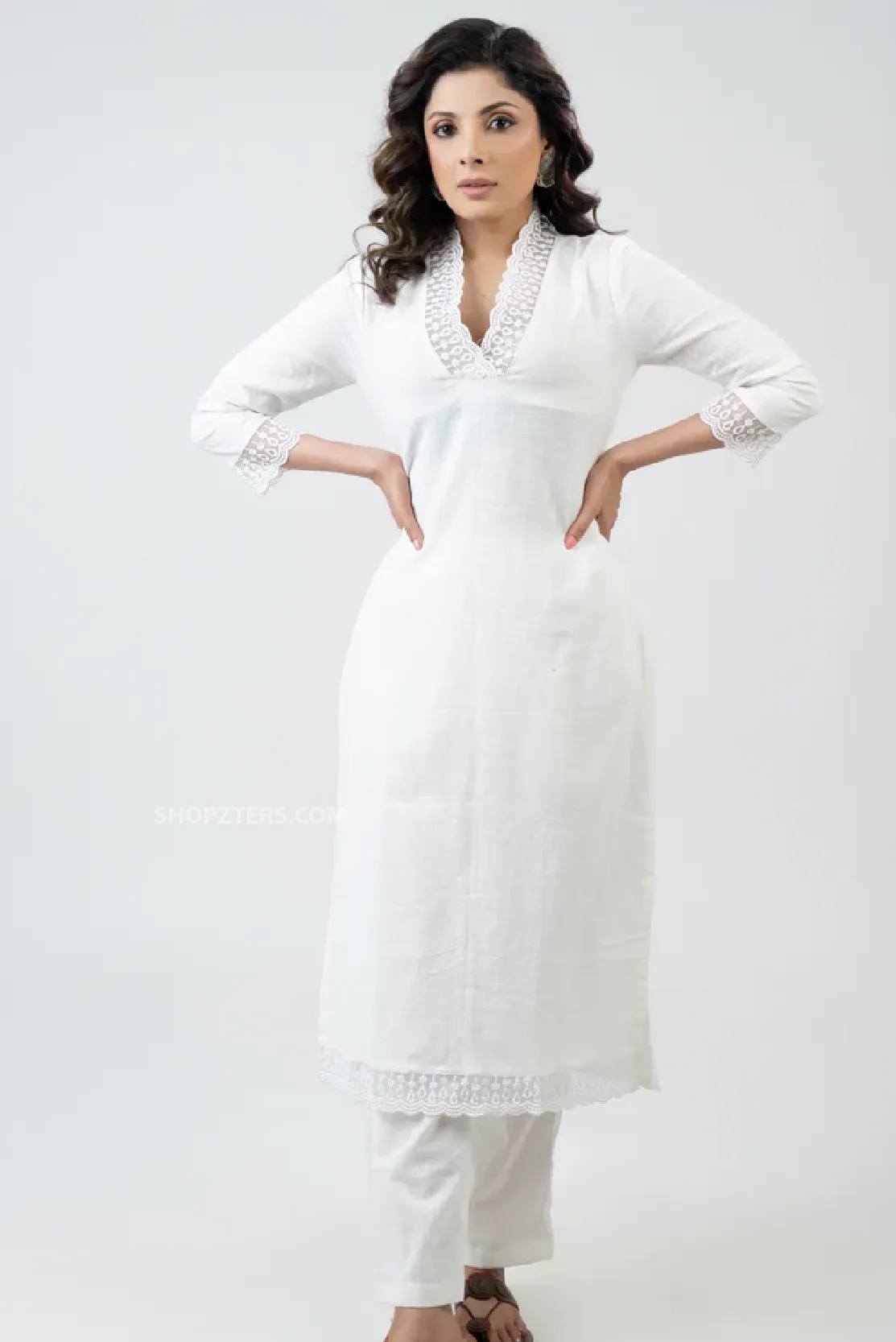 White Cotton Kurta with Delicate Laces
