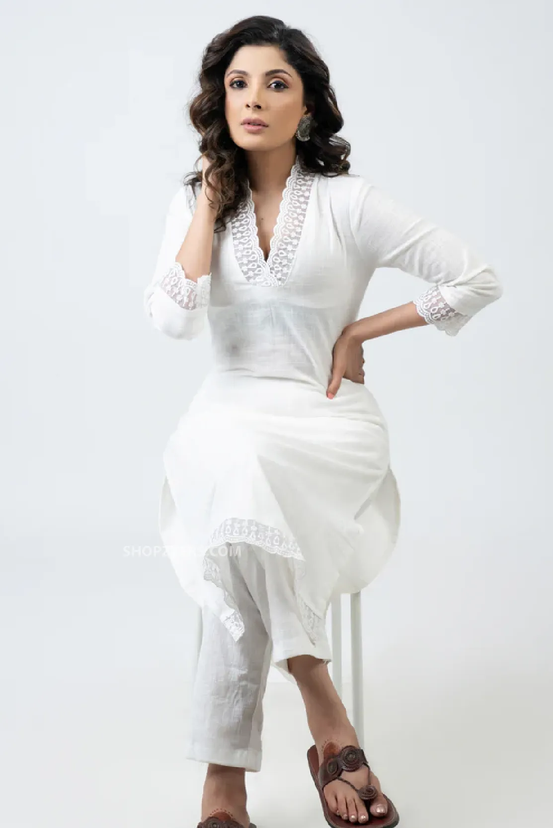 White Cotton Kurta with Delicate Laces