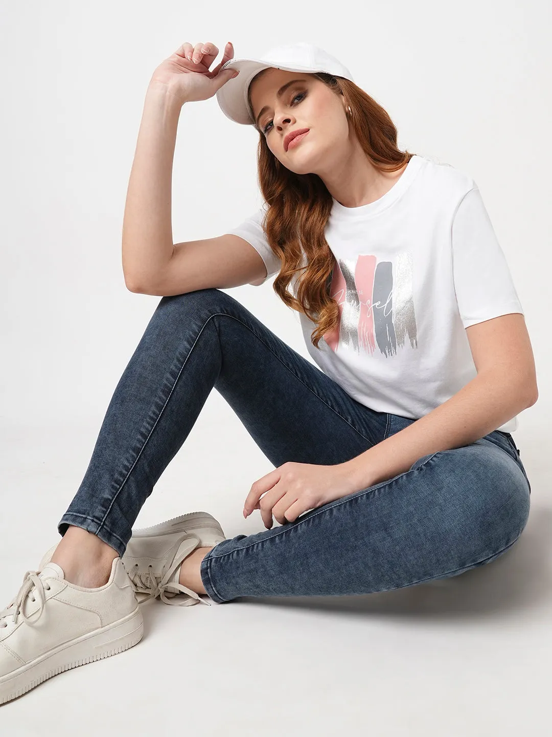Women Slim Fit White Boxy T-Shirt Chest Print