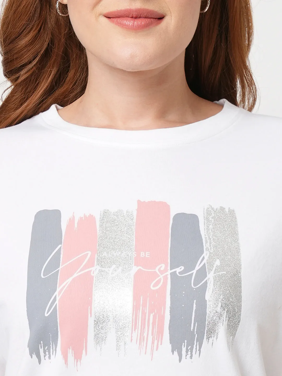 Women Slim Fit White Boxy T-Shirt Chest Print