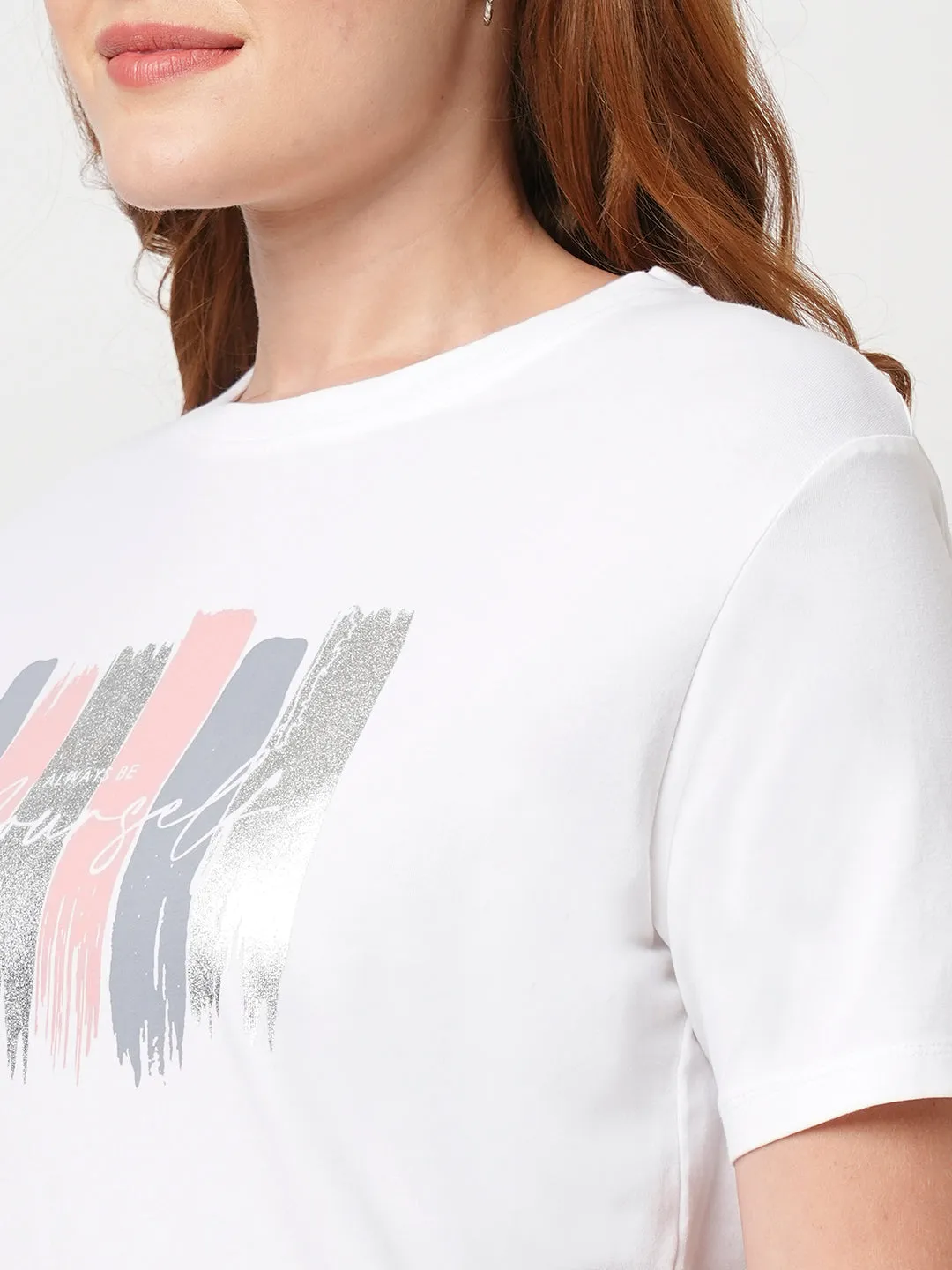 Women Slim Fit White Boxy T-Shirt Chest Print