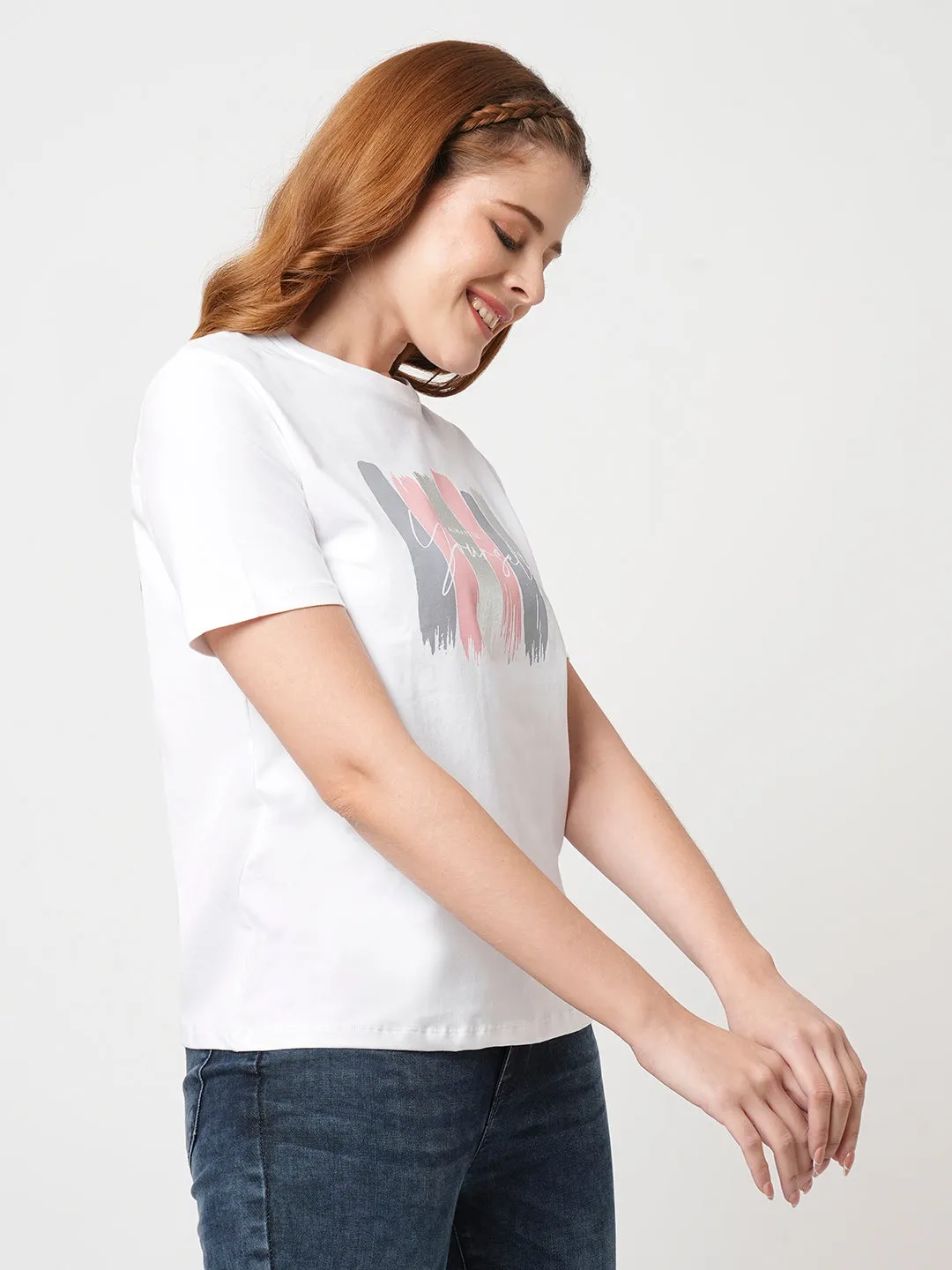 Women Slim Fit White Boxy T-Shirt Chest Print