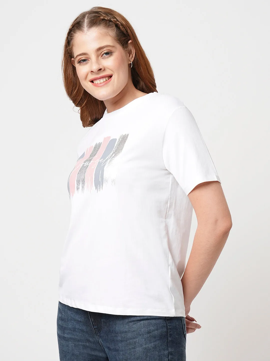 Women Slim Fit White Boxy T-Shirt Chest Print