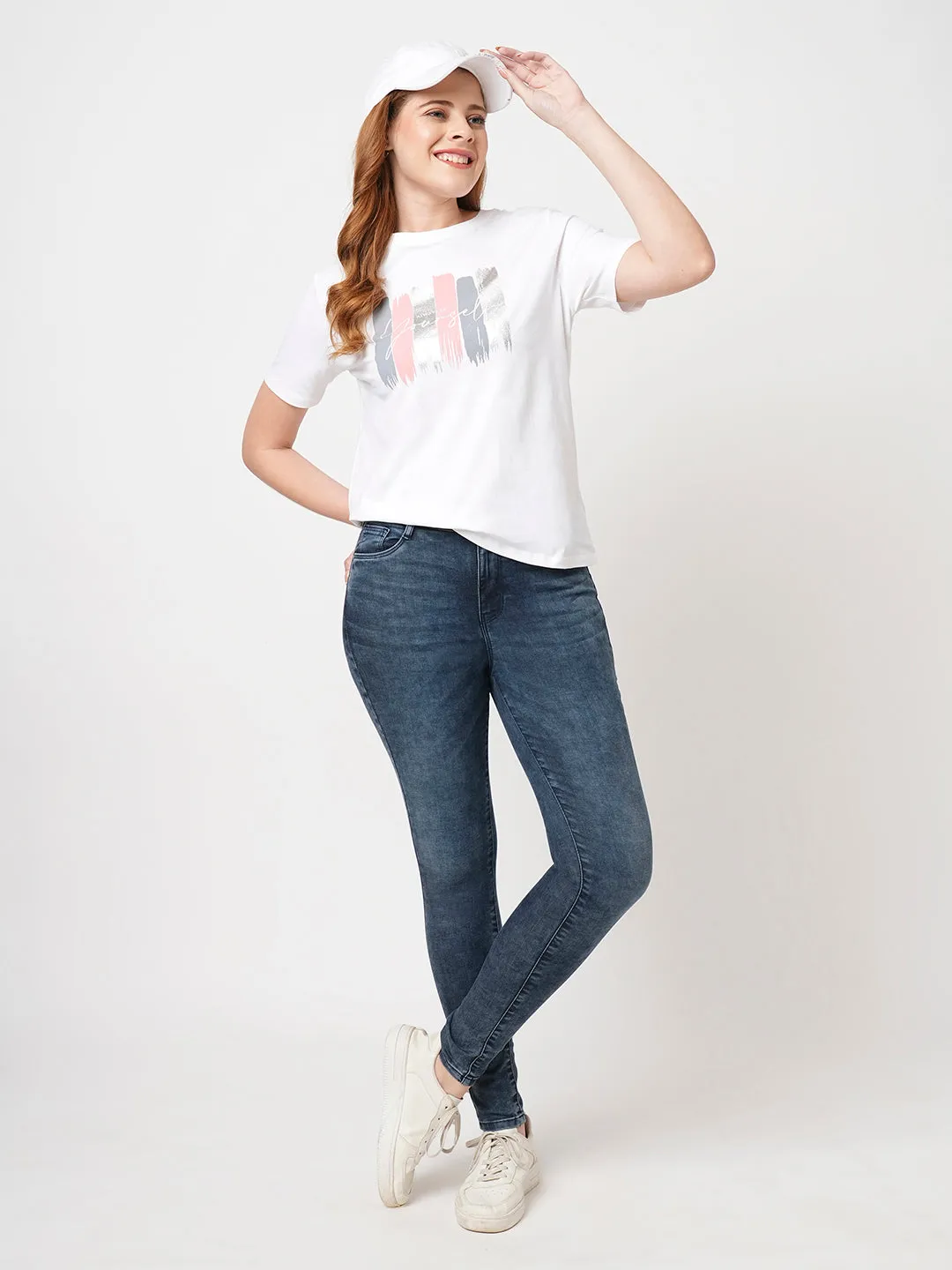 Women Slim Fit White Boxy T-Shirt Chest Print